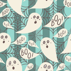 Whimsigothic-ghosts-with-boo-speech-bubbles-on-kitschy-soft-teal-baby-blue-vertial-stripes-with-cobwebs-XL-jumbo