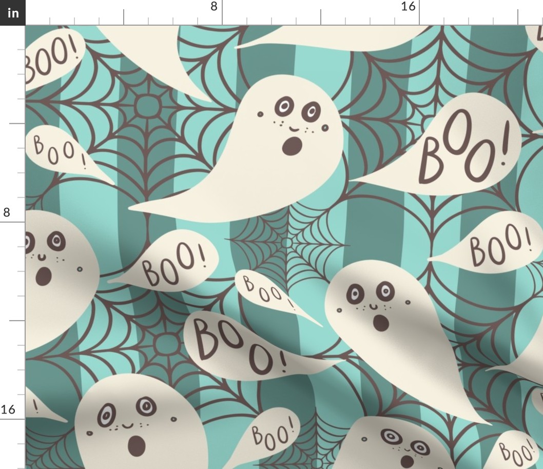 Whimsigothic-ghosts-with-boo-speech-bubbles-on-kitschy-soft-teal-baby-blue-vertial-stripes-with-cobwebs-XL-jumbo