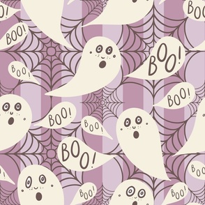 Whimsigothic-ghosts-with-boo-speech-bubbles-on-kitschy-lilac-purple-vertial-stripes-with-cobwebs-XL-jumbo