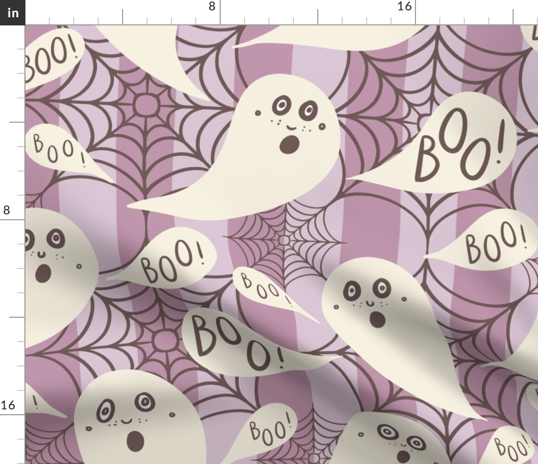 Whimsigothic-ghosts-with-boo-speech-bubbles-on-kitschy-lilac-purple-vertial-stripes-with-cobwebs-XL-jumbo