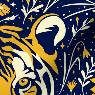 (L) Moody celestial tiger with flowers and stars for tweens, teenager and those young at heart, dark blue yellow off white