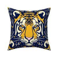(L) Moody celestial tiger with flowers and stars for tweens, teenager and those young at heart, dark blue yellow off white