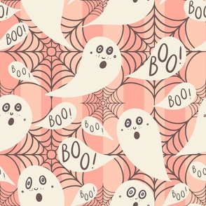 Whimsigothic-ghosts-with-boo-speech-bubbles-on-kitschy-soft-peach-pink-vertial-stripes-with-cobwebs-XL-jumbo