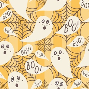 Whimsigothic-ghosts-with-boo-speech-bubbles-on-kitschy-soft-vanilla-yellow-vertial-stripes-with-cobwebs-XL-jumbo