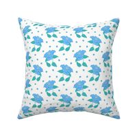 Camellias scattered with little flowers in blue and green, modern vintage floral, medium scale
