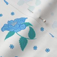 Camellias scattered with little flowers in blue and green, modern vintage floral, medium scale