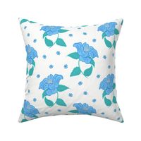 Camellias scattered with little flowers in blue and green, modern vintage floral, large scale