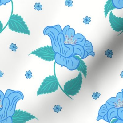 Camellias scattered with little flowers in blue and green, modern vintage floral, large scale