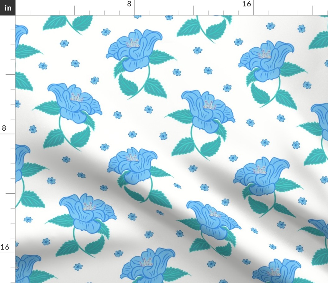 Camellias scattered with little flowers in blue and green, modern vintage floral, large scale