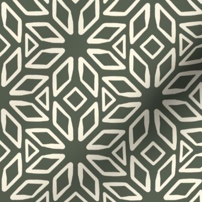 Art Deco Diamond Block Print | Small Scale | Dark Green, Warm White | Multidirectional geometric