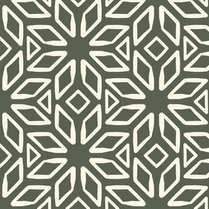 Art Deco Diamond Block Print | Small Scale | Dark Green, Warm White | Multidirectional geometric