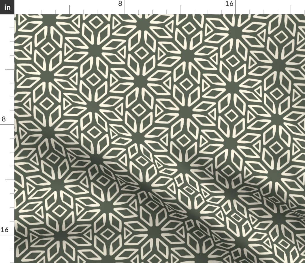 Art Deco Diamond Block Print | Small Scale | Dark Green, Warm White | Multidirectional geometric