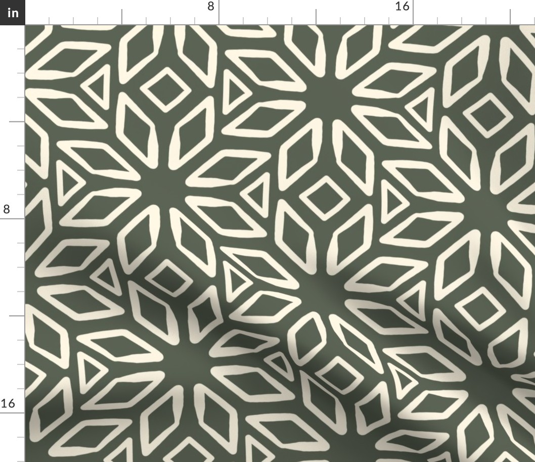 Art Deco Diamond Block Print | Medium Scale | Dark Green, Warm White | Multidirectional geometric