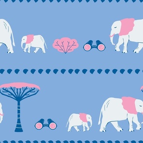 Elephants in a row - pink and blue - large