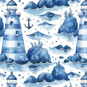 Blue and White Nautical Lighthouse Anchor Pattern Design