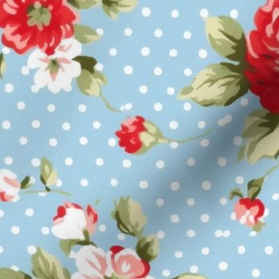 Blue and red flowers,roses,polka dots  ,shabby red white and blue