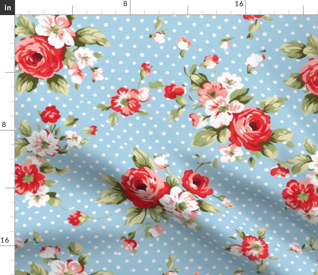 Blue and red flowers,roses,polka dots  ,shabby red white and blue