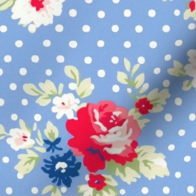 Blue and red flowers,roses,polka dots ,shabby red white and blue