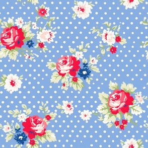 Blue and red flowers,roses,polka dots ,shabby red white and blue