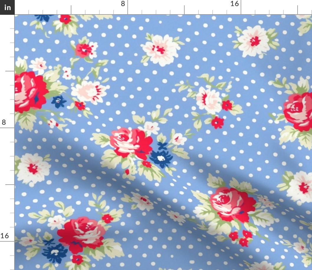 Blue and red flowers,roses,polka dots ,shabby red white and blue