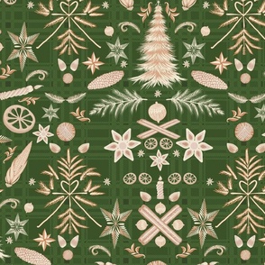 Natural Christmas Decorations on Muted  Plaid Background - Maximal Half Drop