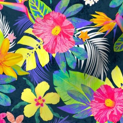 Maximalist Tropical Jungle Bright Summer Hawaiian Floral with monstera, orchids, hibiscus / Large scale