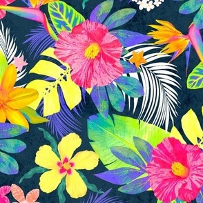 Maximalist Tropical Jungle Bright Summer Hawaiian Floral with monstera, orchids, hibiscus / Large scale