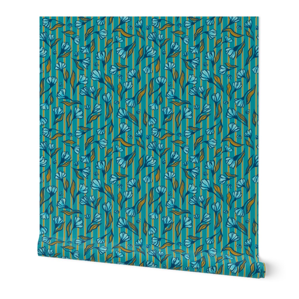 Delphinium Floral Scatter on Turquoise and Gold Stripes
