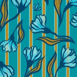 Delphinium Floral Scatter on Turquoise and Gold Stripes