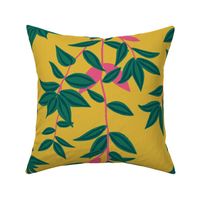 (L) Jungle Vines - tropical vine leaf pattern - green and pink on mustard yellow