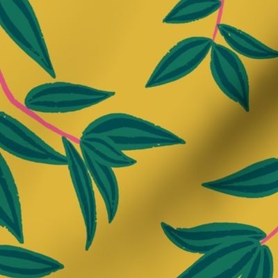 (L) Jungle Vines - tropical vine leaf pattern - green and pink on mustard yellow
