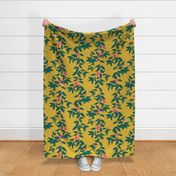 (L) Jungle Vines - tropical vine leaf pattern - green and pink on mustard yellow