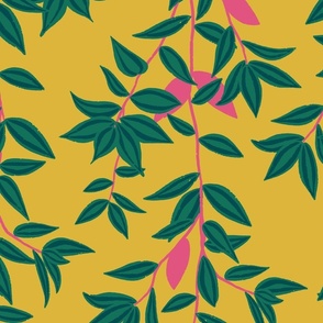 (L) Jungle Vines - tropical vine leaf pattern - green and pink on mustard yellow