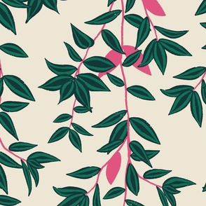 (L) Jungle Vines - tropical vine leaf pattern - green and pink on cream