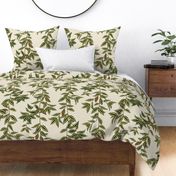 (L) Jungle Vines - tropical vine leaf pattern - green and mustard on cream