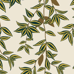 (L) Jungle Vines - tropical vine leaf pattern - green and mustard on cream