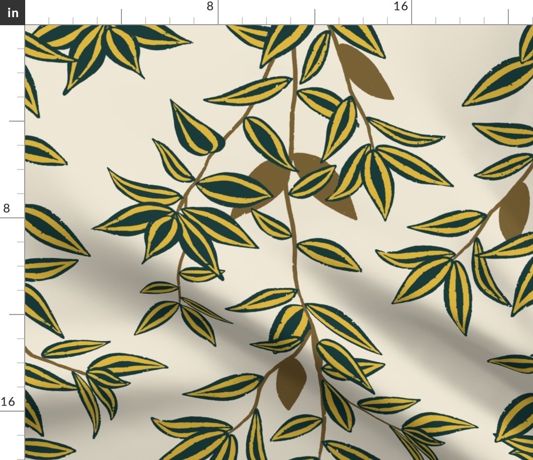 (L) Jungle Vines - tropical vine leaf pattern - green and mustard on cream