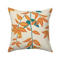 (L) Jungle Vines - tropical vine leaf pattern - coral and mustard yellow on cream