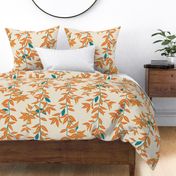 (L) Jungle Vines - tropical vine leaf pattern - coral and mustard yellow on cream