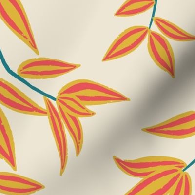 (L) Jungle Vines - tropical vine leaf pattern - coral and mustard yellow on cream