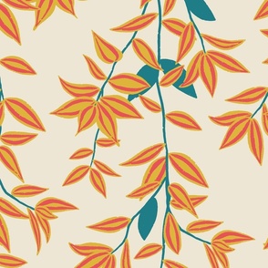 (L) Jungle Vines - tropical vine leaf pattern - coral and mustard yellow on cream