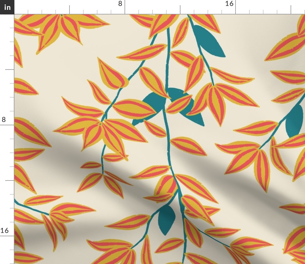 (L) Jungle Vines - tropical vine leaf pattern - coral and mustard yellow on cream