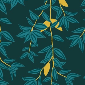 (L) Jungle Vines - tropical vine leaf pattern - teal and mustard yellow on deep green