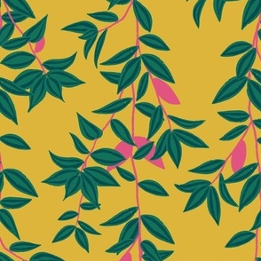 (M) Jungle Vines - tropical vine leaf pattern - green and pink on mustard yellow