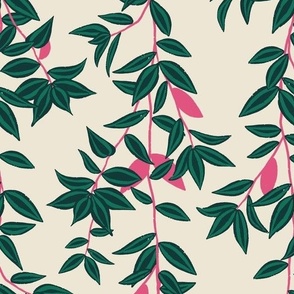 (M) Jungle Vines - tropical vine leaf pattern - green and pink on cream