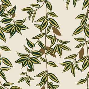 (M) Jungle Vines - tropical vine leaf pattern - green and mustard on cream