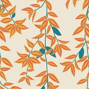 (M) Jungle Vines - tropical vine leaf pattern - coral and mustard yellow on cream