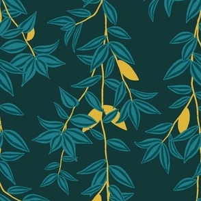 (M) Jungle Vines - tropical vine leaf pattern - teal and mustard yellow on deep green