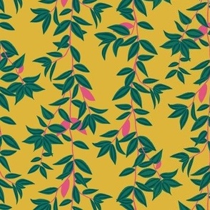 (S) Jungle Vines - tropical vine leaf pattern - green and pink on mustard yellow