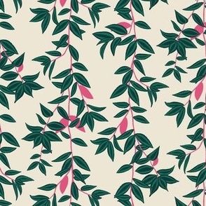 (S) Jungle Vines - tropical vine leaf pattern - green and pink on cream